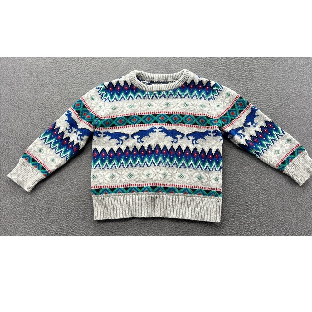 OshKosh B'gosh Sweater Boys 3T Gray Blue Dinosaur Fair Isle Cotton Knit